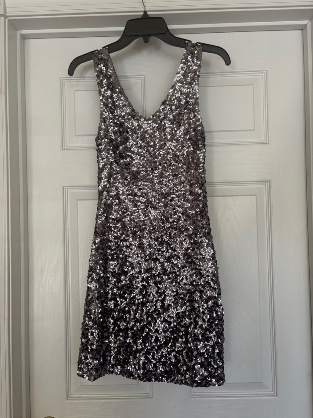 Silver-Sequin V-Neck Mini Dress